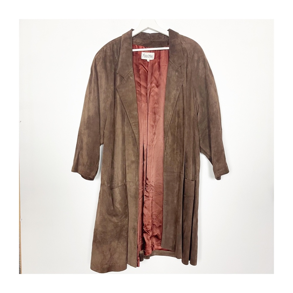 Maxima Women's Coat Leather Suede Size L Large Brown Long Shoulder Vintage 1980